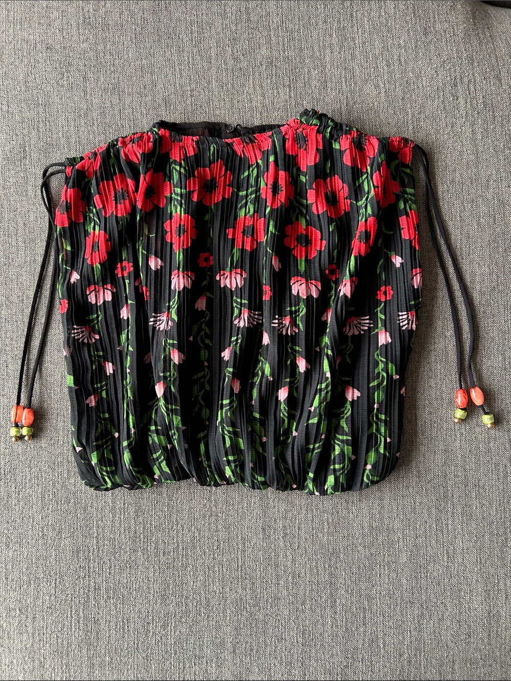 Floral Pleated Drawstring Tube Top - Black with Red & Green Floral Print